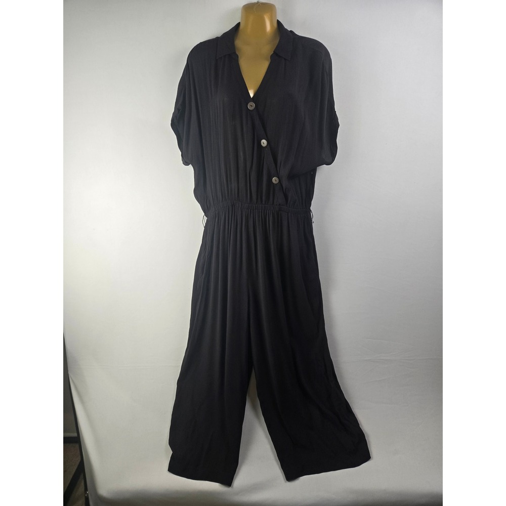 A.N.A. Black Short Sleeve Button Front Wide Leg Jumpsuit Womens Large LG 10-12